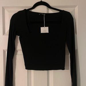Black cropped straight neck long sleeve